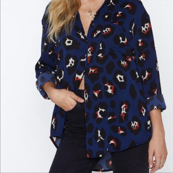 Nasty Gal Blue Long Sleeve Button Down Blouse Top Leopard Print Size 6 - Picture 8 of 8